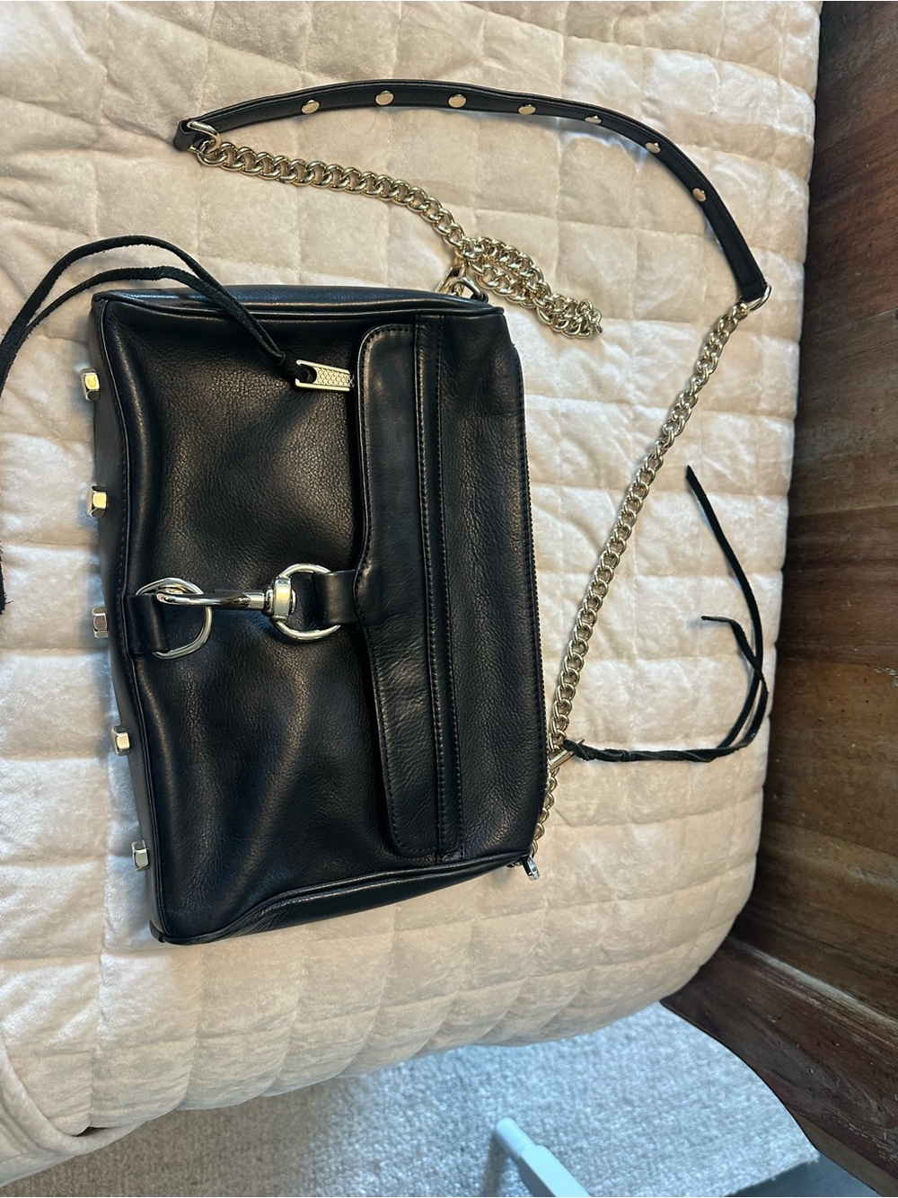 Rebecca Minkoff Black Leather Crossbody with Gold Chain Strap